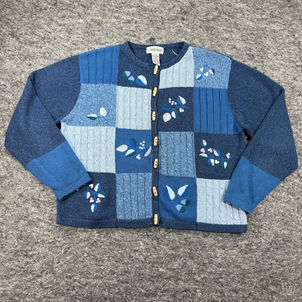 Cabin Creek Blue Patchwork Embroidered Toggle Cardigan Sweater XL